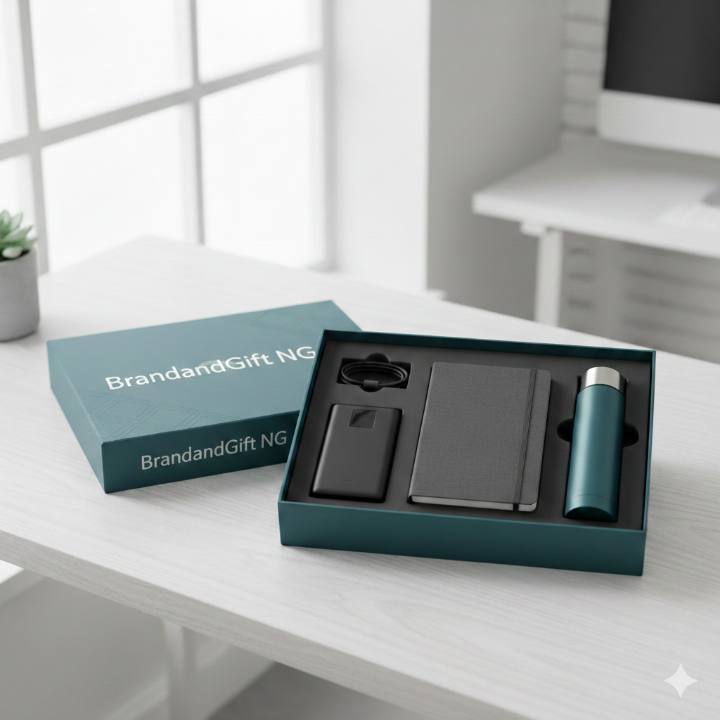 Custom 3-in-1 corporate gift set with power bank, notebook, and flask by BrandandGift NG.